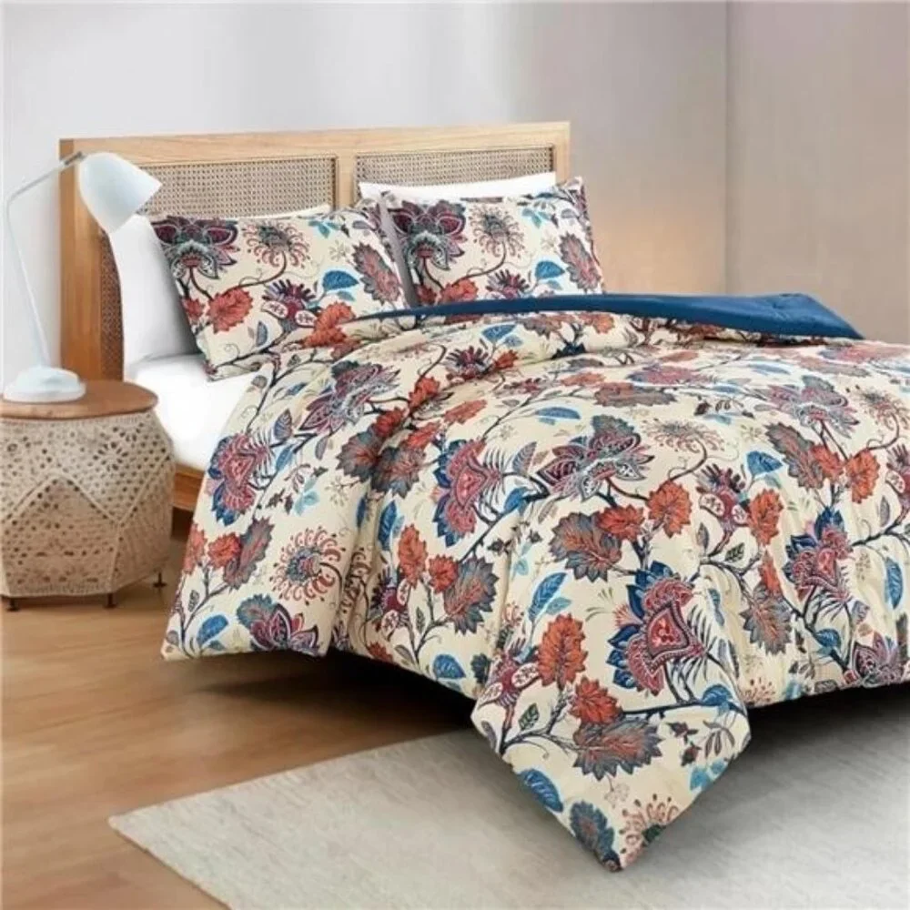 NEW Anthropologie Red Blue Floral Queen / King Boho Comforter Bedding & Sham Set